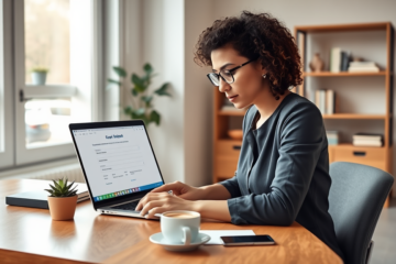 Young professional woman completing a secure online credit application at home with natural daylight and a modern workspace