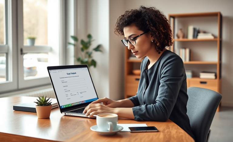 Young professional woman completing a secure online credit application at home with natural daylight and a modern workspace