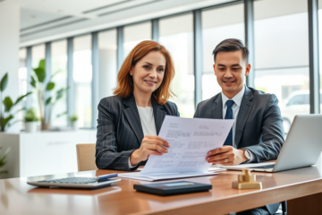 Confident woman and bank officer discussing loan documents in a bright modern office representing fast loan approval and affordable quick access options