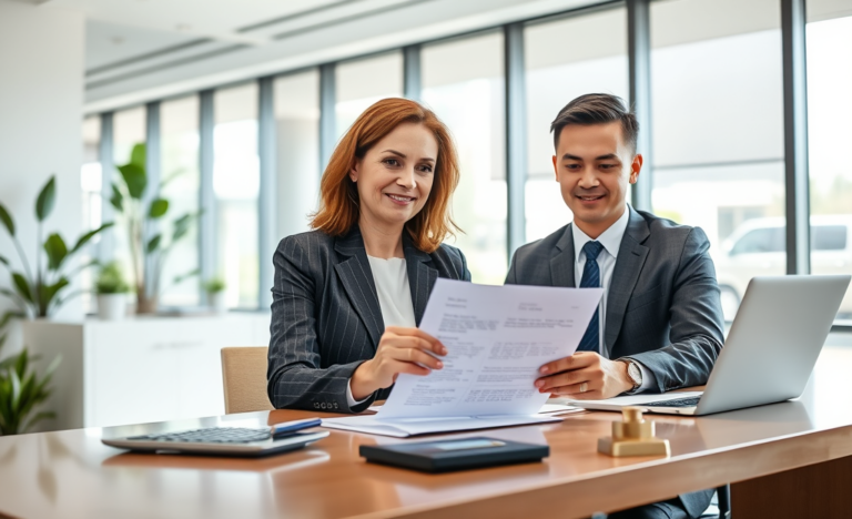 Confident woman and bank officer discussing loan documents in a bright modern office representing fast loan approval and affordable quick access options