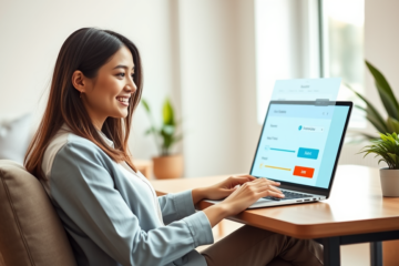 Young woman comfortably using a laptop in a bright home office to complete an easy online credit application with flexible options