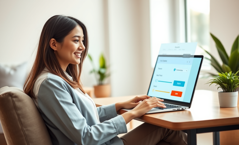 Young woman comfortably using a laptop in a bright home office to complete an easy online credit application with flexible options