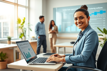 Young woman accessing fast, flexible online credit options on a laptop in a bright modern office with colleagues using digital displays