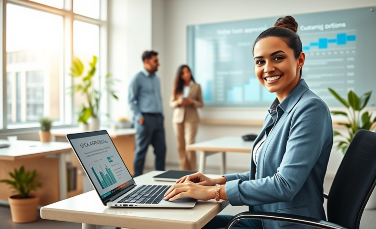 Young woman accessing fast, flexible online credit options on a laptop in a bright modern office with colleagues using digital displays