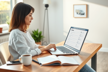 Young professional woman completing an online loan application on a laptop in a bright home office with natural light and minimalist decor