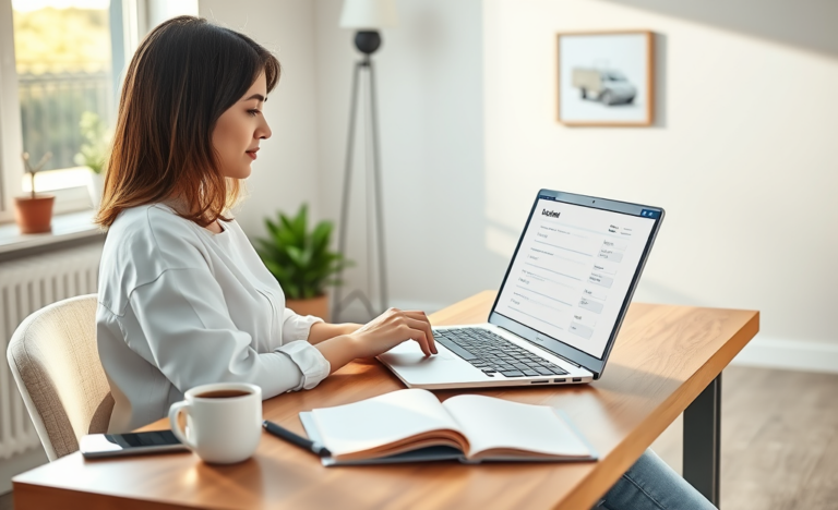 Young professional woman completing an online loan application on a laptop in a bright home office with natural light and minimalist decor