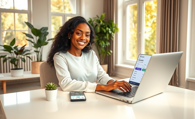 Young professional woman applying for a personal loan online at home with a laptop, highlighting fast approval and lower rates