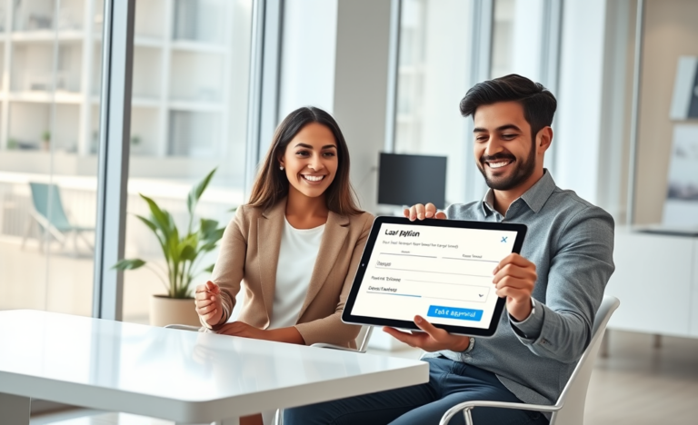 Young woman completing a fast digital loan application on a tablet with a man assisting secure digital sign-up in a modern office