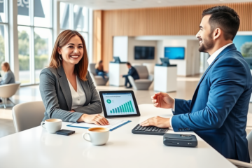 Young woman consulting friendly loan officer in a bright modern bank for fast personal loan approval and quick fund access