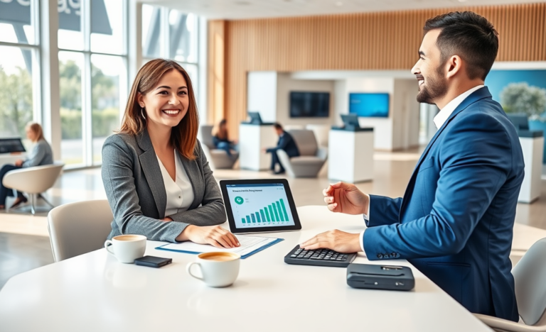 Young woman consulting friendly loan officer in a bright modern bank for fast personal loan approval and quick fund access