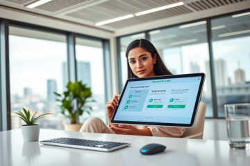 Young professional woman using touchscreen tablet for fast digital personal loan application approval in bright modern office