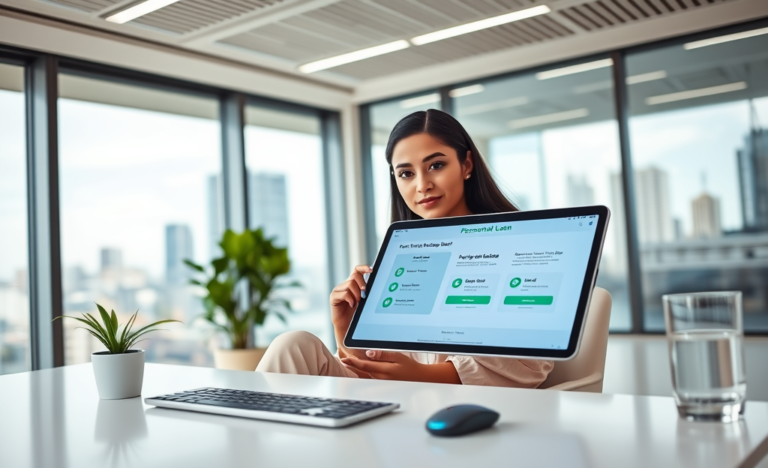 Young professional woman using touchscreen tablet for fast digital personal loan application approval in bright modern office