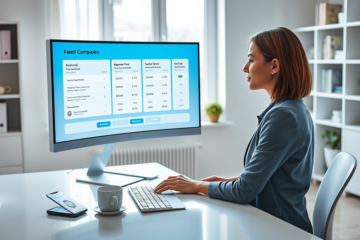 Young professional comparing online credit offers on a large monitor at home office for faster loan approvals