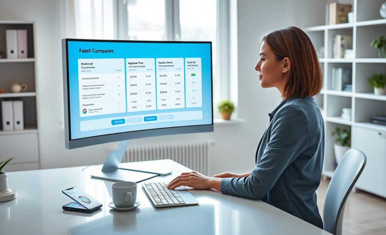 Young professional comparing online credit offers on a large monitor at home office for faster loan approvals