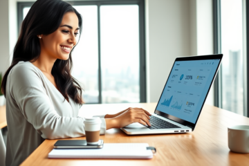 Young professional woman using laptop to compare fast digital loan options in bright modern home office