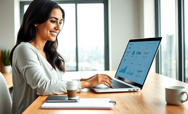 Young professional woman using laptop to compare fast digital loan options in bright modern home office