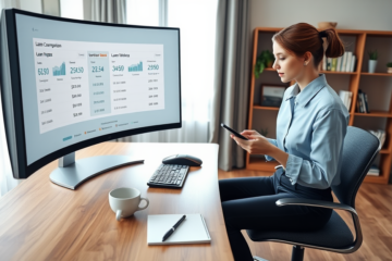 A young professional using a digital loan comparison interface on a curved monitor in a bright home office to find the best loan option faster