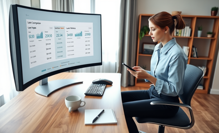 A young professional using a digital loan comparison interface on a curved monitor in a bright home office to find the best loan option faster