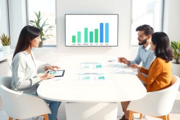 Modern arts illustration of three adults comparing personal loan rates and terms around a table with digital tablets and charts in a bright, professional setting