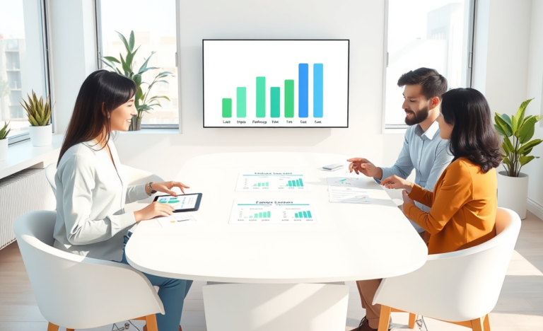 Modern arts illustration of three adults comparing personal loan rates and terms around a table with digital tablets and charts in a bright, professional setting
