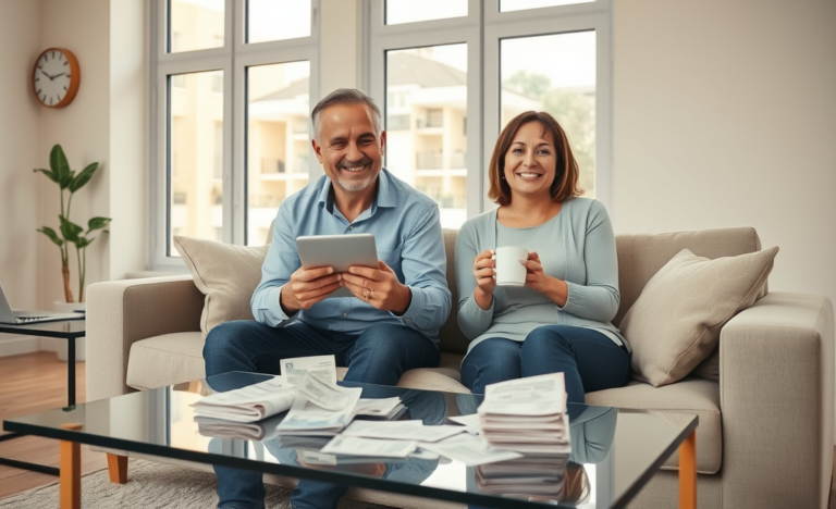Middle-aged couple in a bright living room reviewing bills and tablet, illustrating personal loan for unexpected expenses support