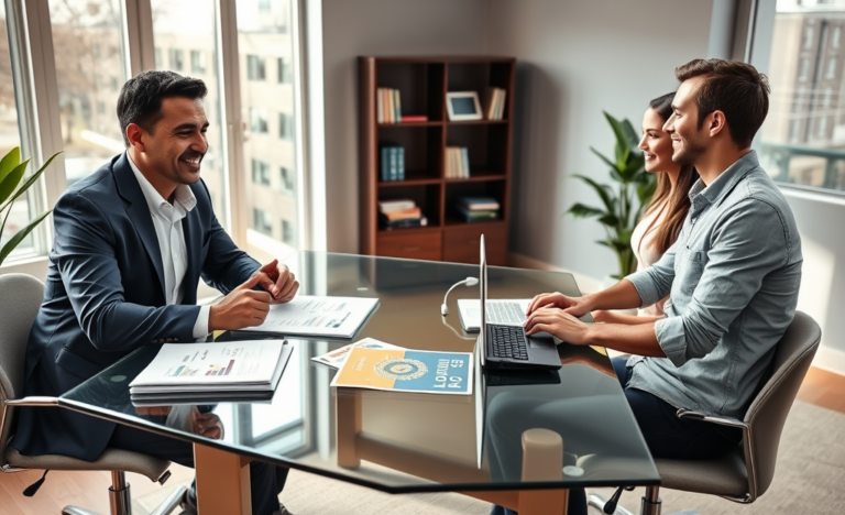 Professional financial advisor consulting a young couple in a bright modern office about financial support options and loan advice