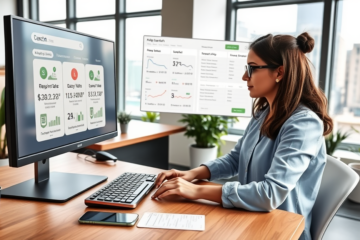 Young professional woman compares online loan options on desktop and fills application on smartphone in a modern office