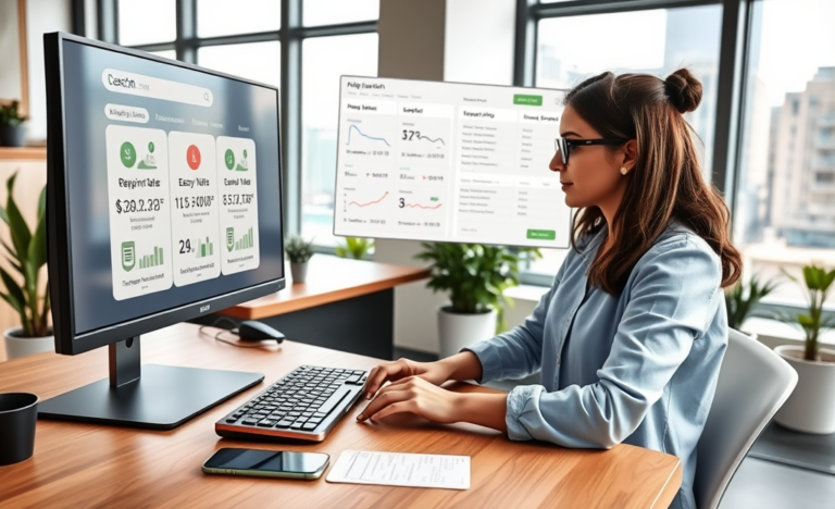 Young professional woman compares online loan options on desktop and fills application on smartphone in a modern office