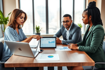 Three professionals discussing credit options comparison around a table with laptops and charts in a modern office setting