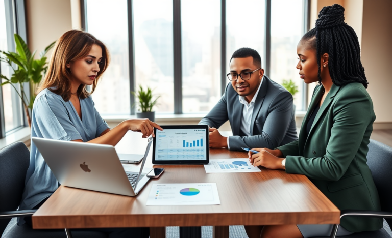 Three professionals discussing credit options comparison around a table with laptops and charts in a modern office setting