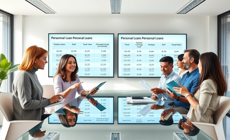 Diverse adults discussing and comparing personal loan options on digital screens in a modern, sunlit office setting