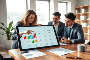 Professionals comparing credit options on a tablet in a bright office to choose the right loan faster with charts and graphs