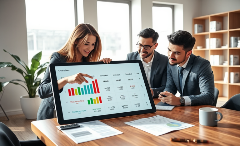 Professionals comparing credit options on a tablet in a bright office to choose the right loan faster with charts and graphs