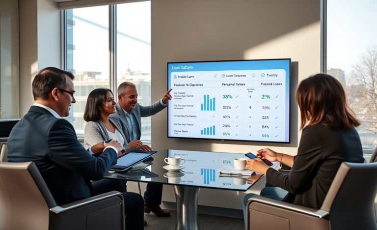 A diverse group compares flexible personal loan options around a glass table in a bright modern office with digital charts and tablets