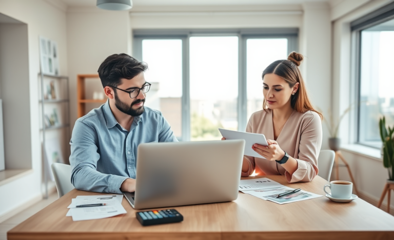 Young New Zealand couple comparing personal loan options on digital devices in a bright modern home office with financial documents on the desk