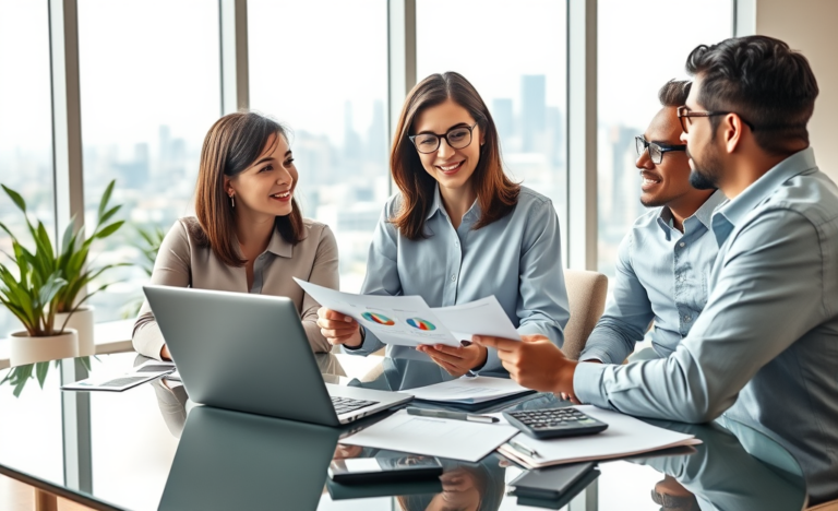 Diverse group discussing personal loan options around a glass table in a bright modern office with city skyline backdrop