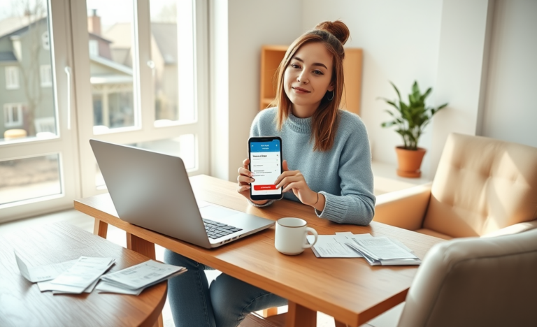 Young woman in a sunlit home office reviewing bills and confirming a personal loan on her smartphone to cover costs quickly