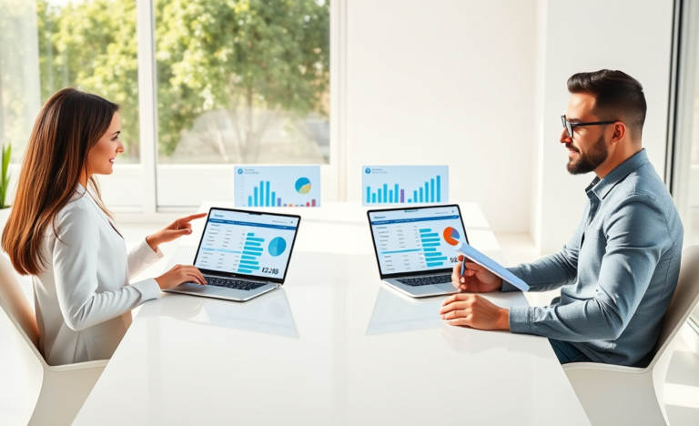 Two adults in a modern bright office comparing loan options on laptops with clear financial charts and natural daylight