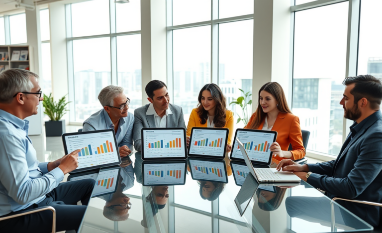 Four diverse adults in a modern office comparing personal loan options on tablets and laptops with daylight from large city-facing windows