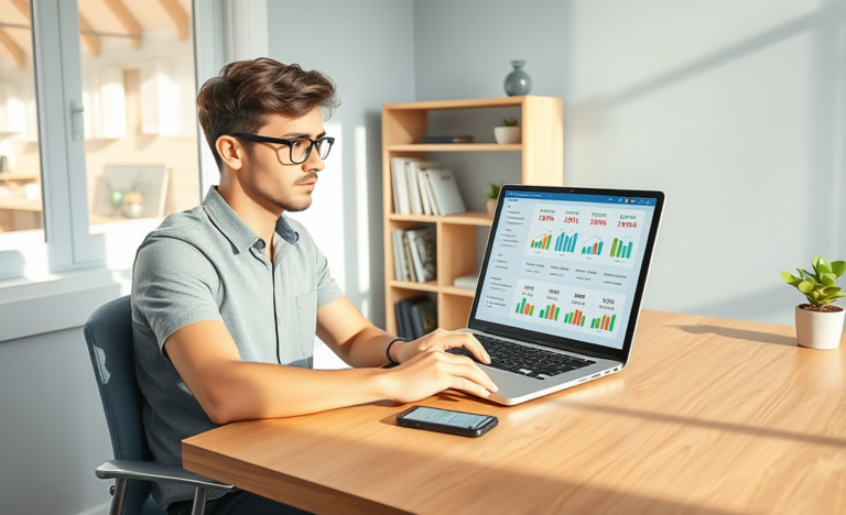 Young New Zealander comparing online credit loan options on laptop in a bright, modern home office with a smartphone for faster application