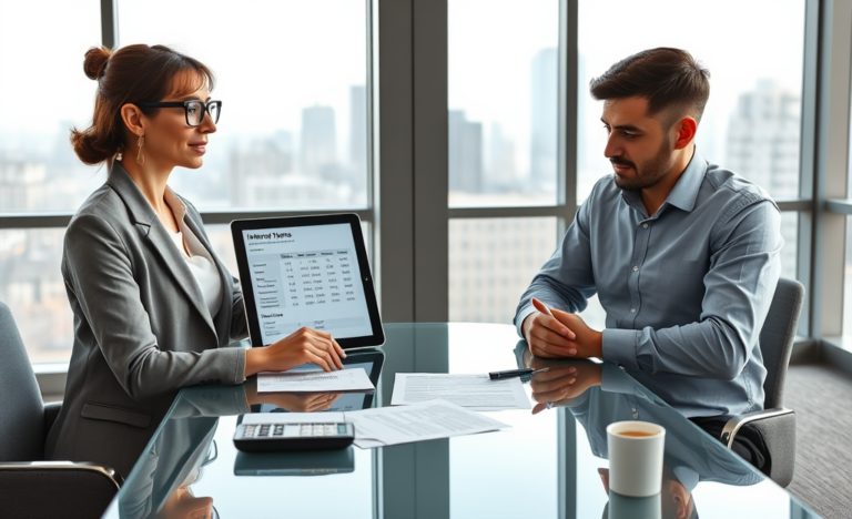 Two professionals in a modern office comparing loan rates and terms on a tablet to decide before applying