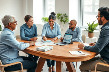 Four adults in a bright office discussing personal loan options around a table with laptop and documents for financial flexibility