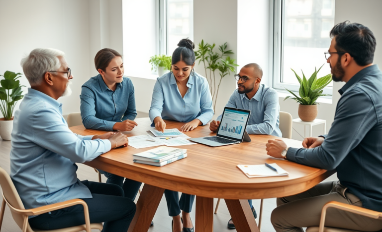 Four adults in a bright office discussing personal loan options around a table with laptop and documents for financial flexibility