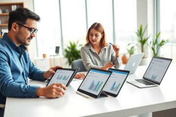 Two adults comparing New Zealand loan offers on tablets in a modern bright office with charts and financial data visible