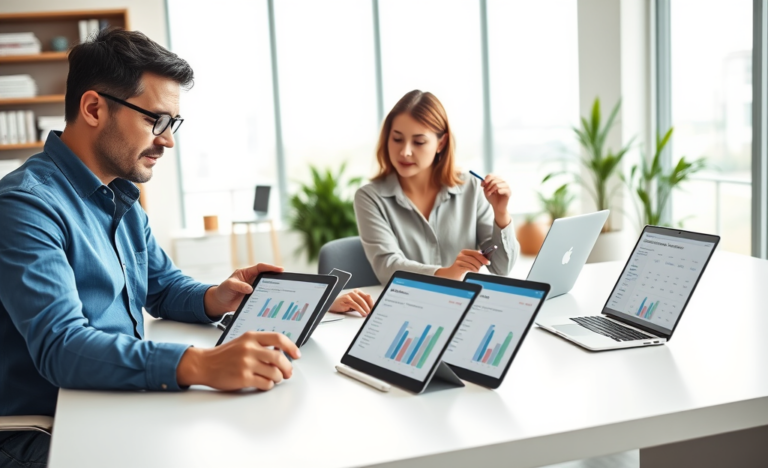 Two adults comparing New Zealand loan offers on tablets in a modern bright office with charts and financial data visible