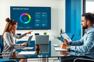 Young professionals collaborating in a bright office using digital tools to start credit checks faster and improve loan approval chances