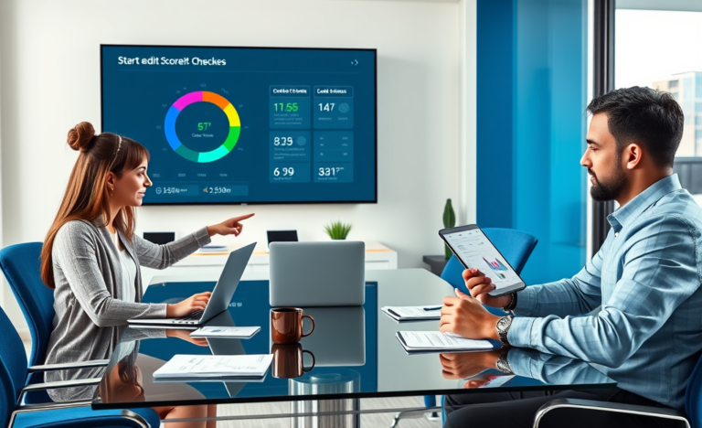 Young professionals collaborating in a bright office using digital tools to start credit checks faster and improve loan approval chances