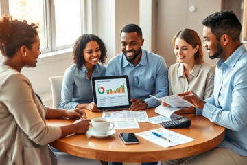 Three adults comparing personal loans in a bright office with tablets, documents, and calculators for better budget choices