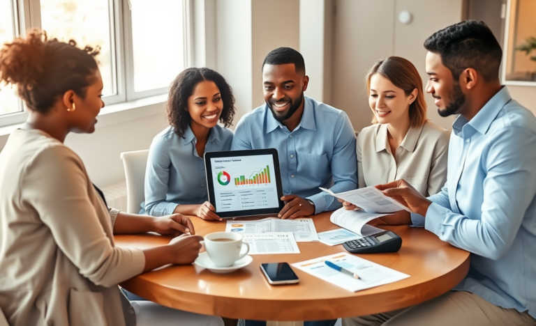 Three adults comparing personal loans in a bright office with tablets, documents, and calculators for better budget choices