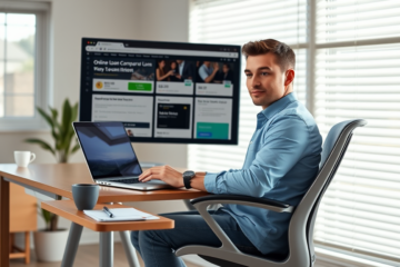 Young New Zealander comparing online loans on a laptop in a bright modern home office setting with natural light streaming in